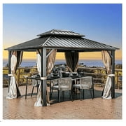 Ataucjin 10x10ft Gazebo, Hardtop Double Roof Canopy with Netting and Curtains, Outdoor Gazebo Galvanized Iron Aluminum Frame Garden Tent for Patio, Backyard, Deck, Lawns